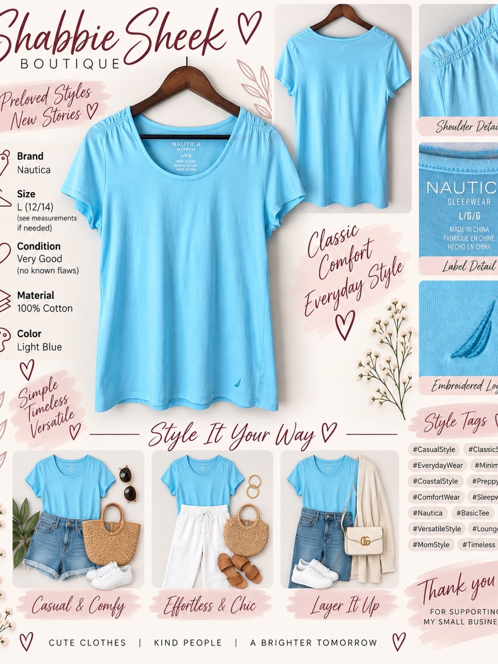 Nautica Sleepwear Light Blue Short Sleeve Top – Size L